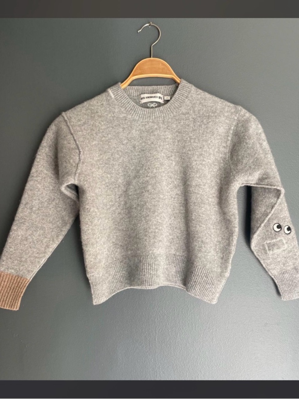 Anya Hindmarch Gray Crewneck Sweater with Tan Cuff Detail